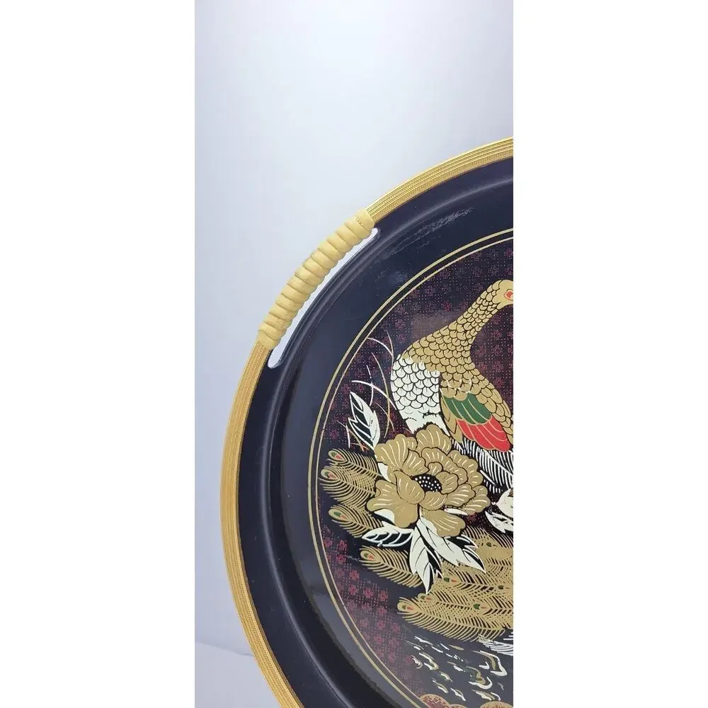 Vintage Asian Serving Tray Round Black Gold Pheasant Floral Design 12” Decorativ
